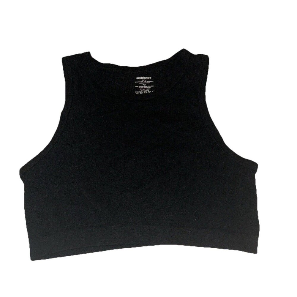 Ambiance Apparel Ribbed Seamless Crop Tank Top Black Size M/L Crew Neck 72274